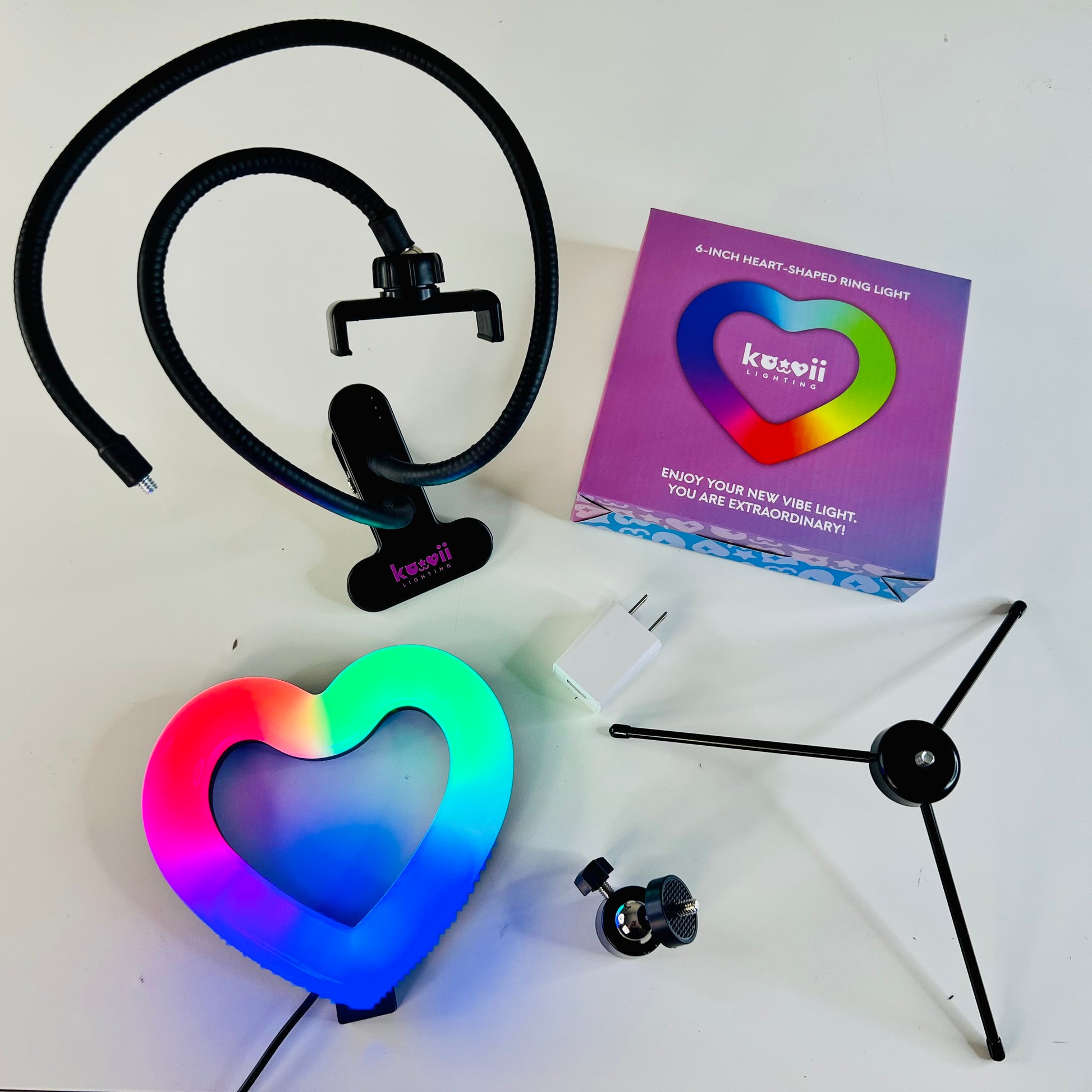 Kawaii Lighting Creator Kit - 6" Heart Shaped Ring Light with Phone Holder and Desk Clamp and Baby Tripod with Swivel Ball Head and USB Wall Plug.
