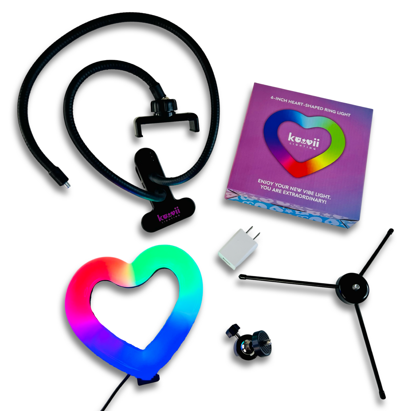 Kawaii Lighting Creator Kit - 6" Heart Shaped Ring Light with Phone Holder and Desk Clamp and Baby Tripod with Swivel Ball Head and USB Wall Plug.